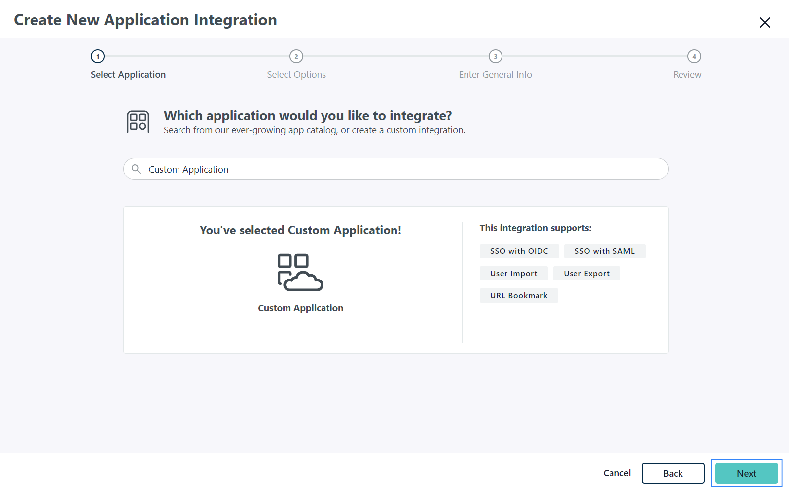 Custom application selected