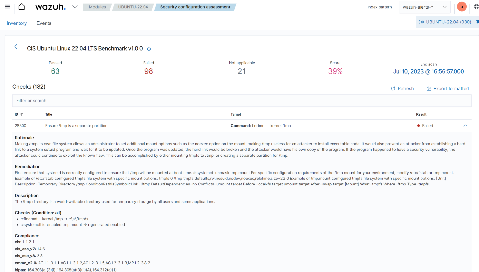 Results for CIS benchmark for Ubuntu 22.04 check ID 28500