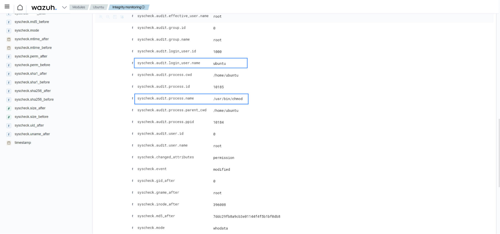 Check syscheck fields