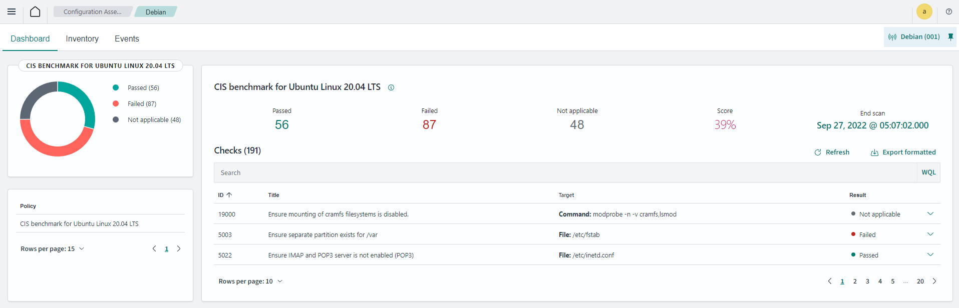 Configuration Assessment module dashboard