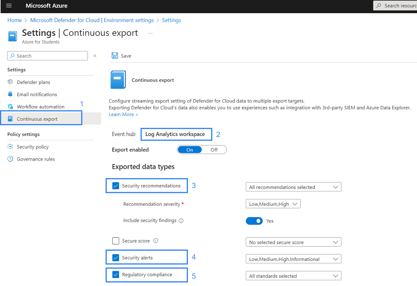 Continuous export setup