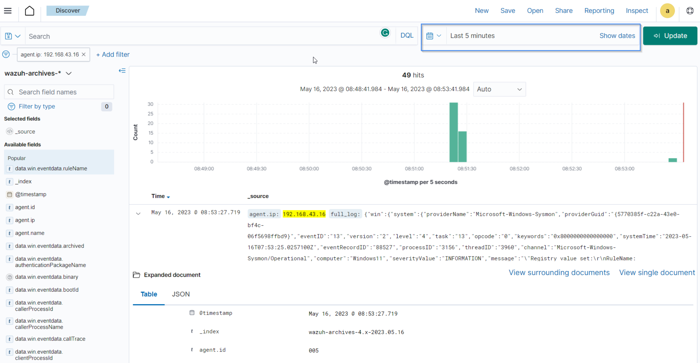 Review recent events. Filter information using agent name, ID or IP address.