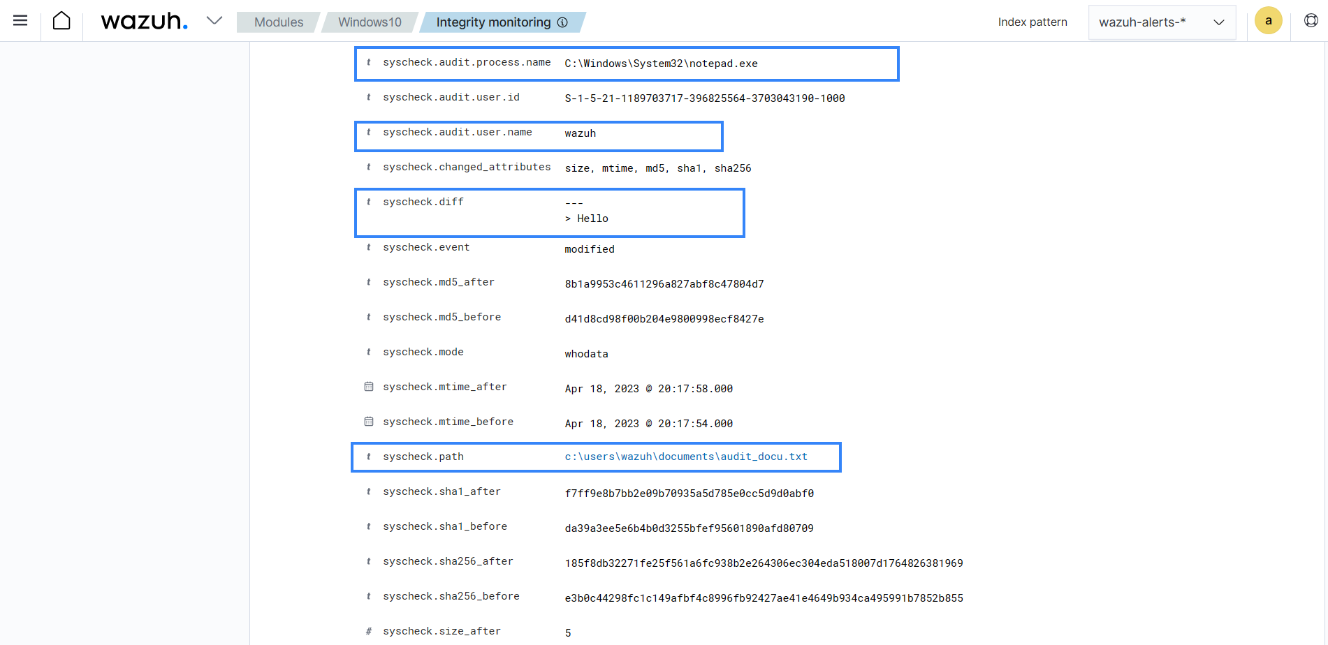 FIM modified file alert details