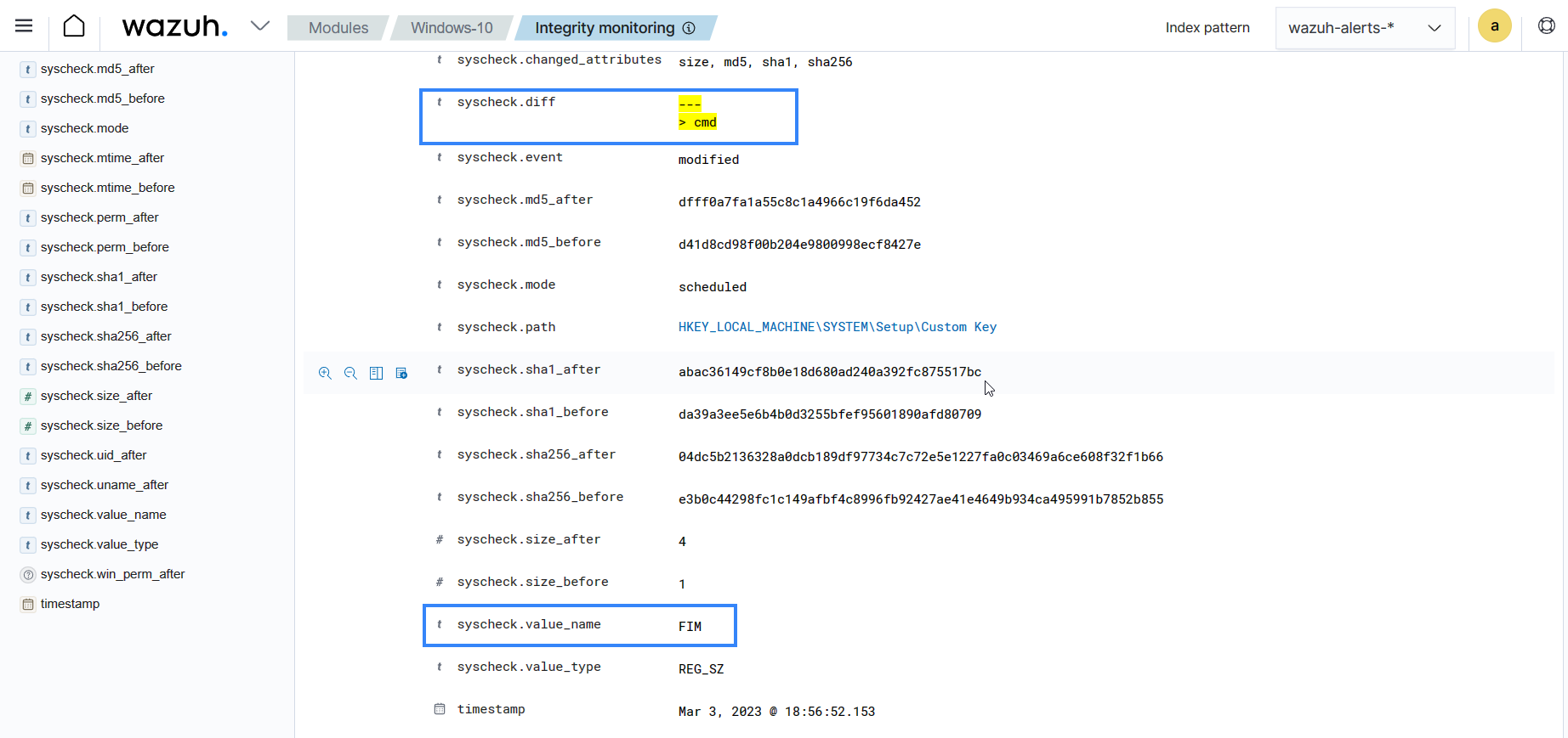 FIM modified registry key alert details