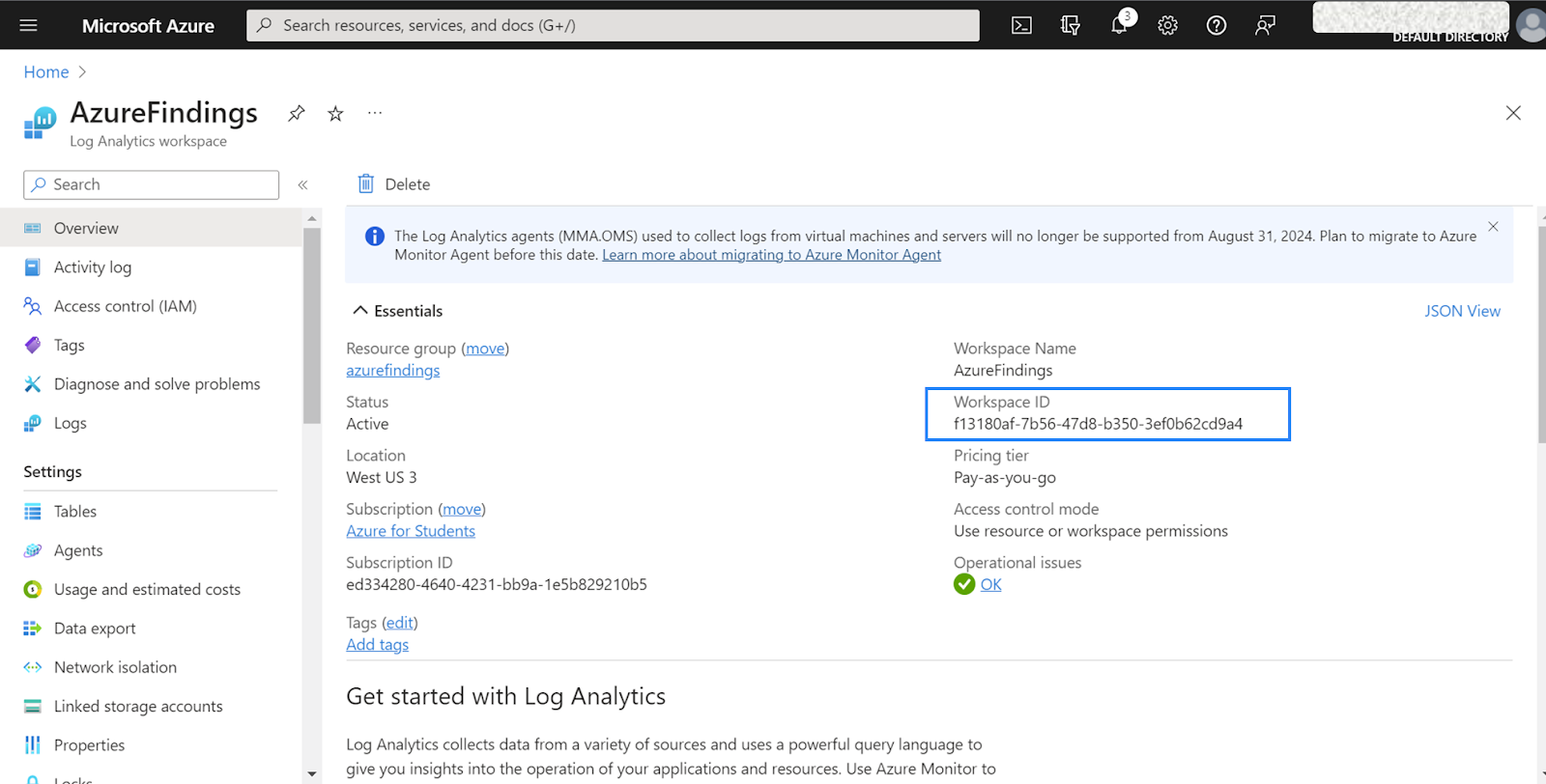 Log analytics workspace