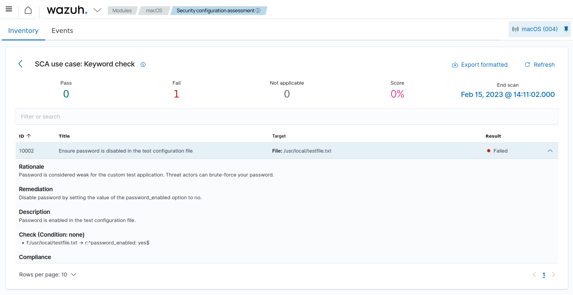 macOS results of the custom SCA check