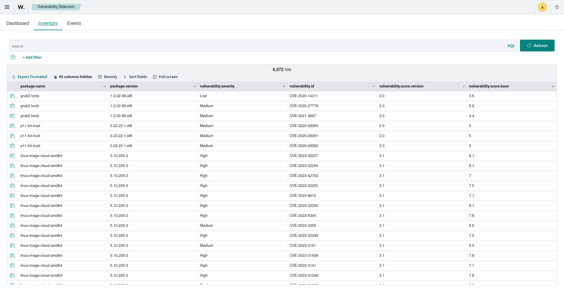 Vulnerability Detection inventory dashboard