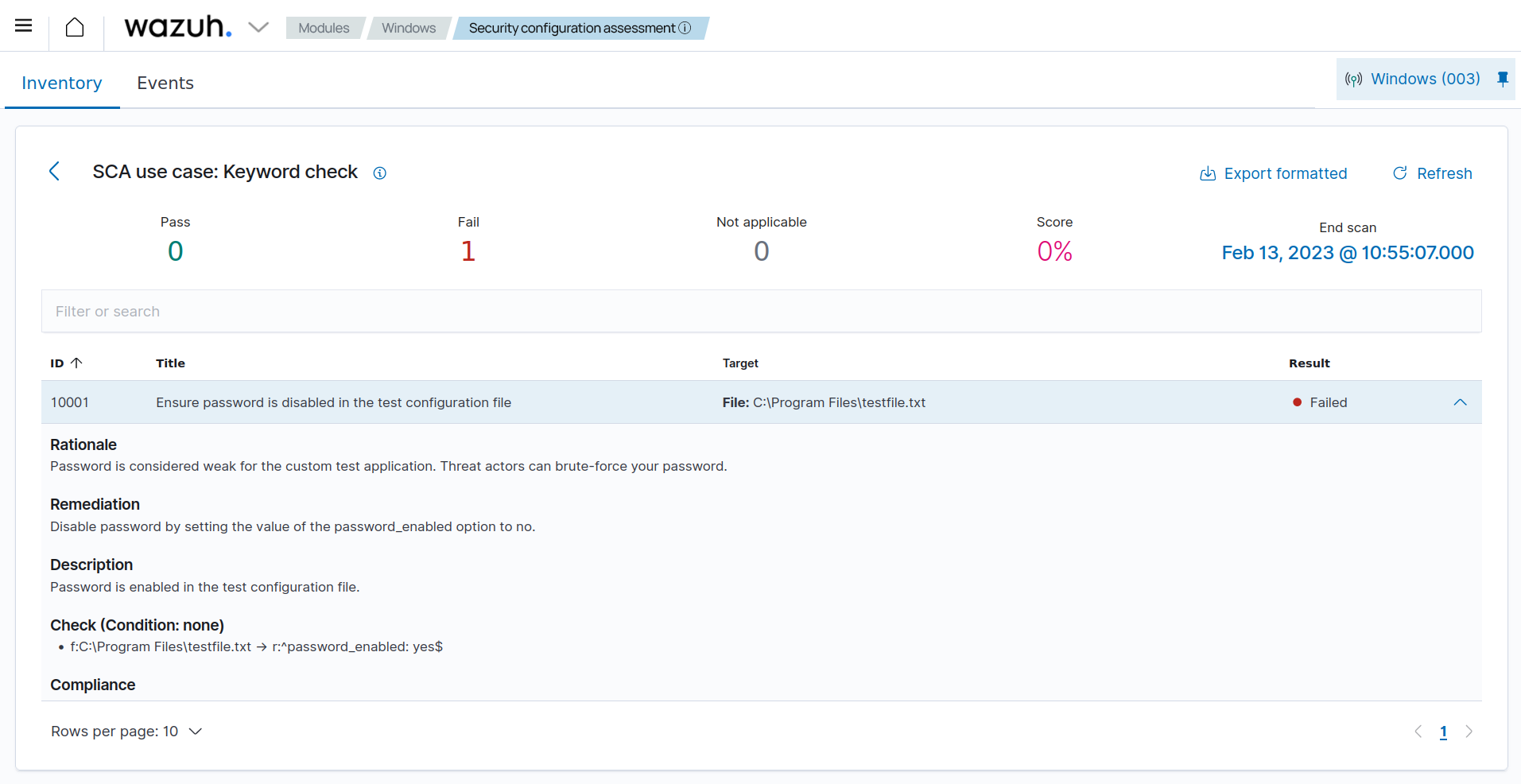 Windows results of the custom SCA check